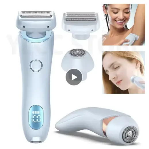 Light blue electric razor with multiple attachments and a digital display