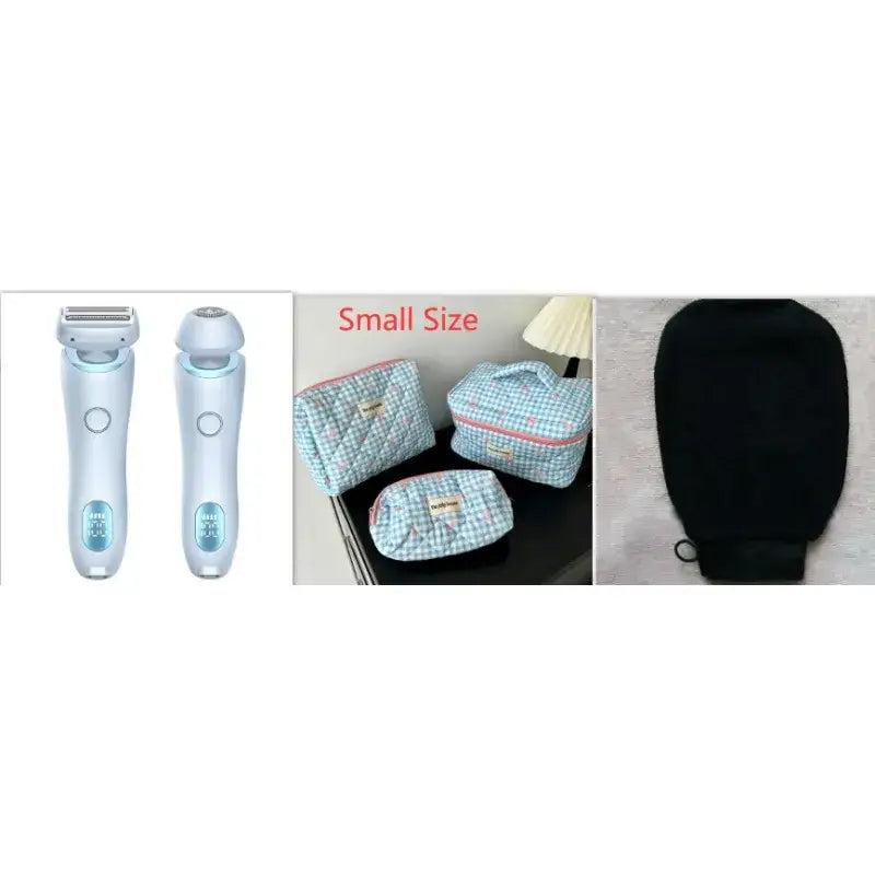 Light blue and white electric razor with a sleek, modern design.
