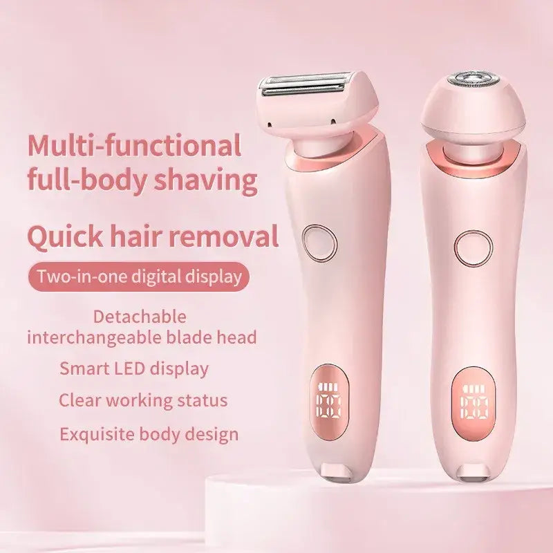 Pink and rose gold multi-functional full-body electric shaver with detachable blade head and digital display.
