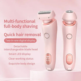 Pink and rose gold multi-functional full-body electric shaver with detachable blade head and digital display.