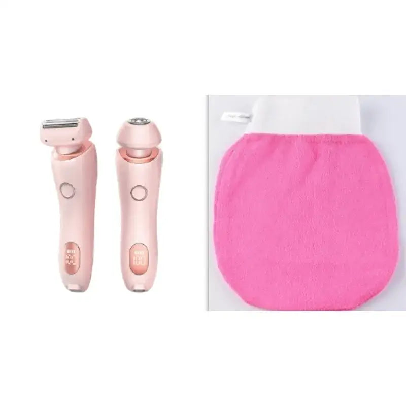 Pink electric razor and matching pink exfoliating glove set.