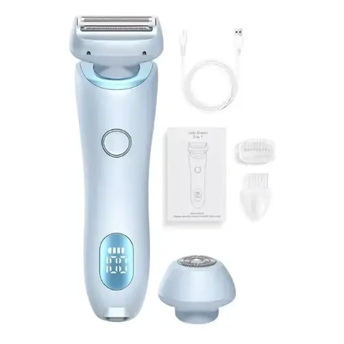 Light blue 2-in-1 electric razor with a sleek, modern design and digital display.