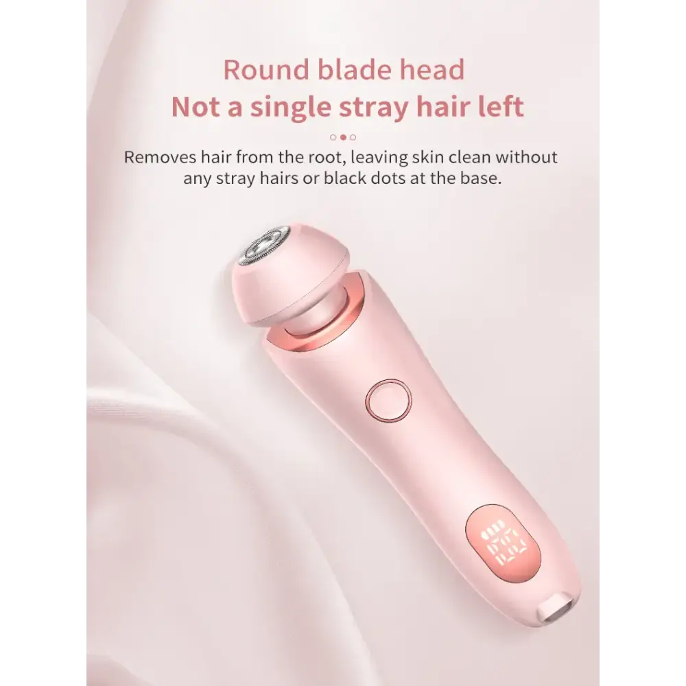 Pink electric epilator with a round blade head and digital display.