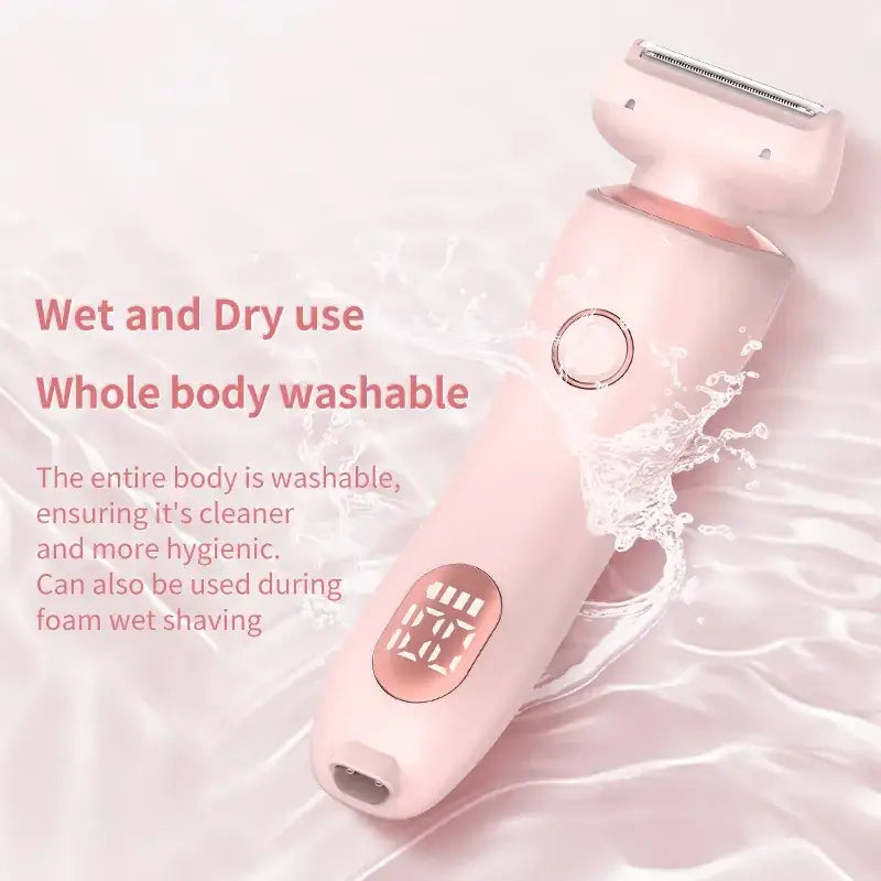 Pink electric body hair trimmer with a sleek, ergonomic design and rose gold accents.
