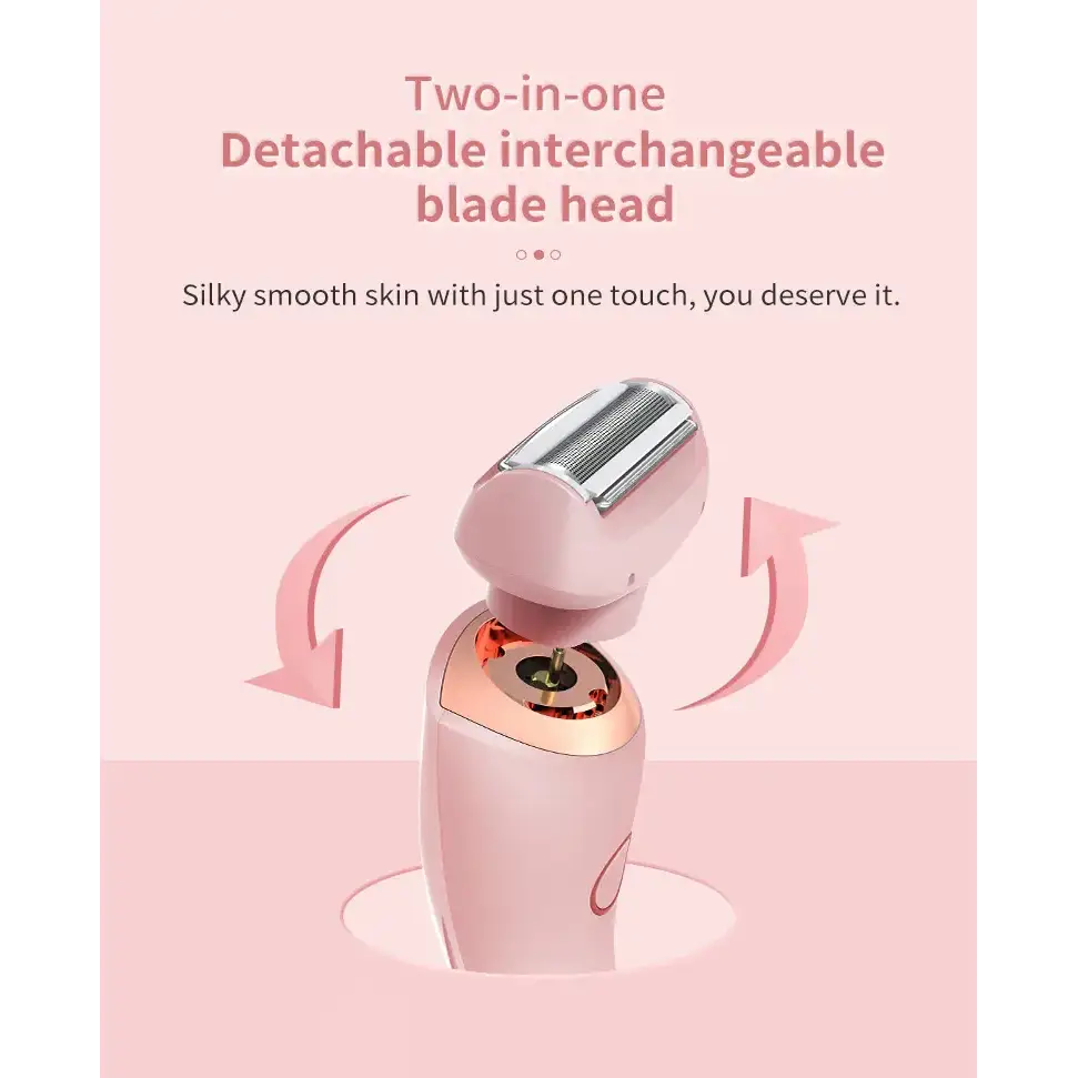 Pink and rose gold two-in-one detachable blade head hair removal device with interchangeable heads.