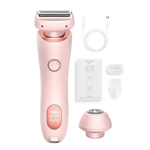 Pink rose gold 2-in-1 electric razor with interchangeable attachments and usb charging cable.