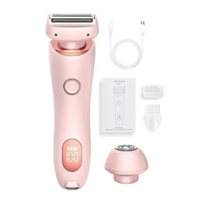 Pink rose gold 2-in-1 electric razor with interchangeable attachments and usb charging cable.