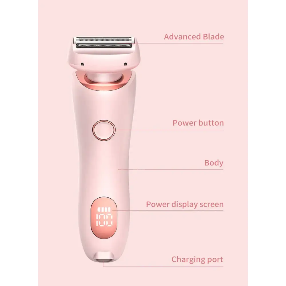 Pink and rose gold electric razor with an advanced blade, power button, digital display screen, and charging port.