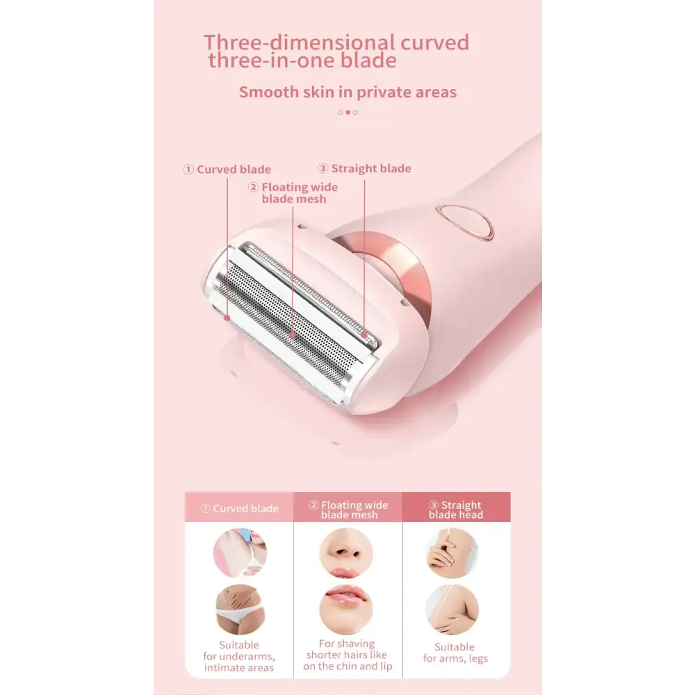 Pink and rose gold three-in-one electric epilator with curved, floating wide blade mesh, and straight blades for underarms, chin/upper lip, or arms/legs.