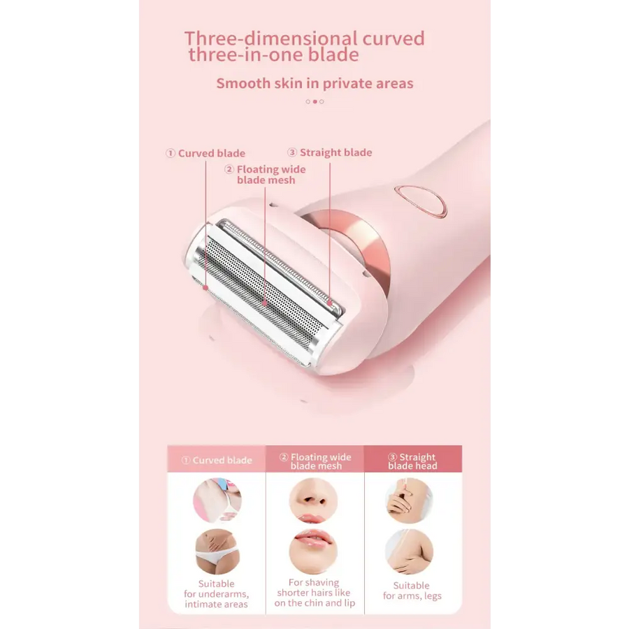 Pink and rose gold three-in-one electric epilator with curved, floating wide blade mesh, and straight blades for underarms, chin/upper lip, or arms/legs.