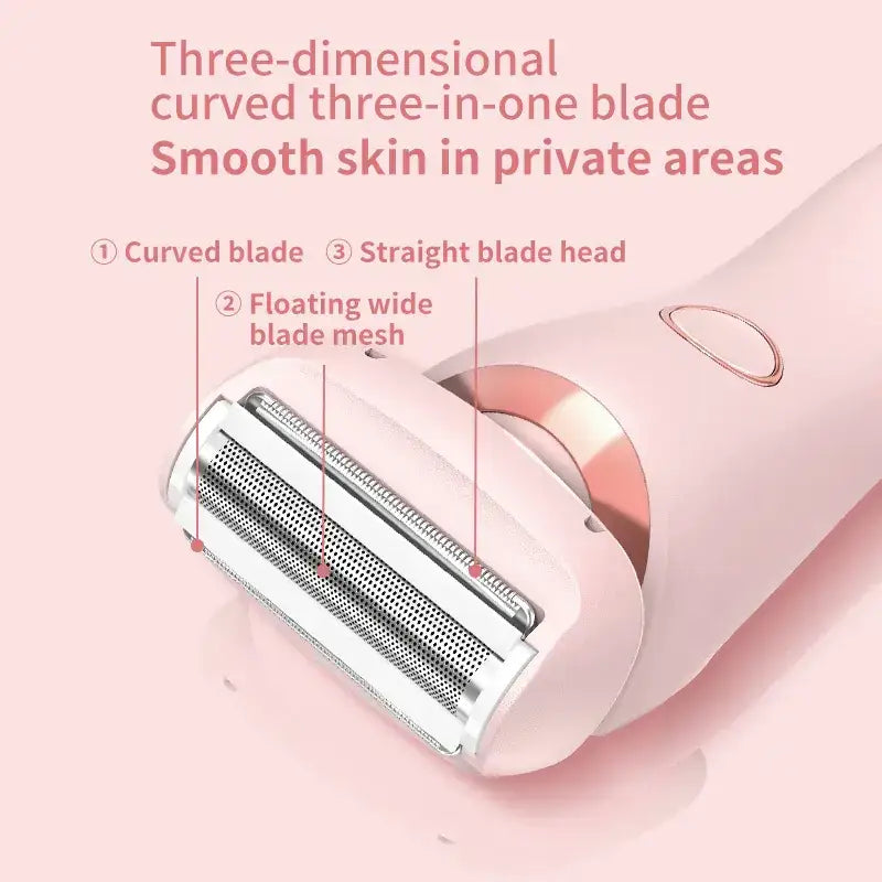 Pink and white electric razor with a three-dimensional curved three-in-one blade head.