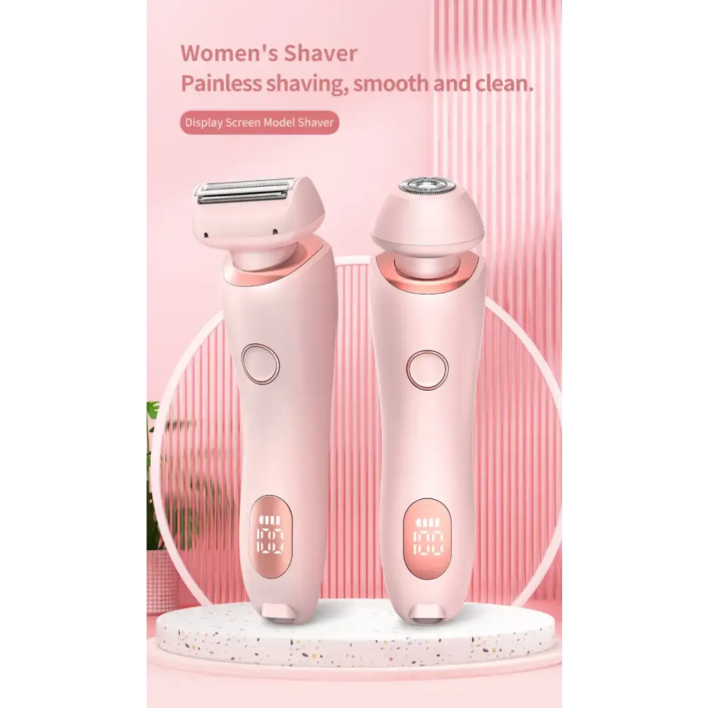 Pink women’s electric shaver with a display screen and rose gold accents.
