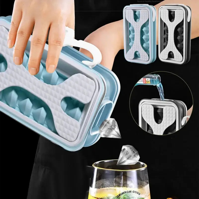 Light blue and white silicone ice cube tray with a handle, designed for easy pouring of water into diamond-shaped molds.
