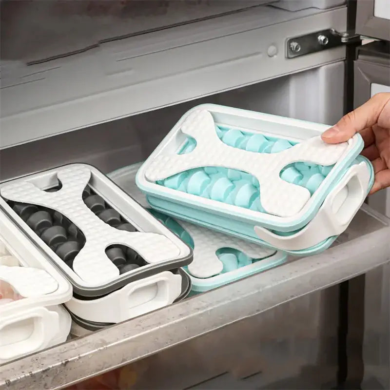 Light blue and white silicone ice cube tray with a flexible, collapsible design