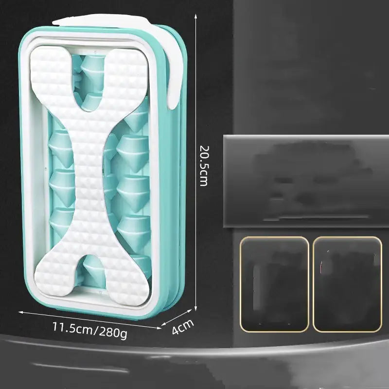 A collapsible, light blue and white silicone ice cube tray with a textured interior design.
