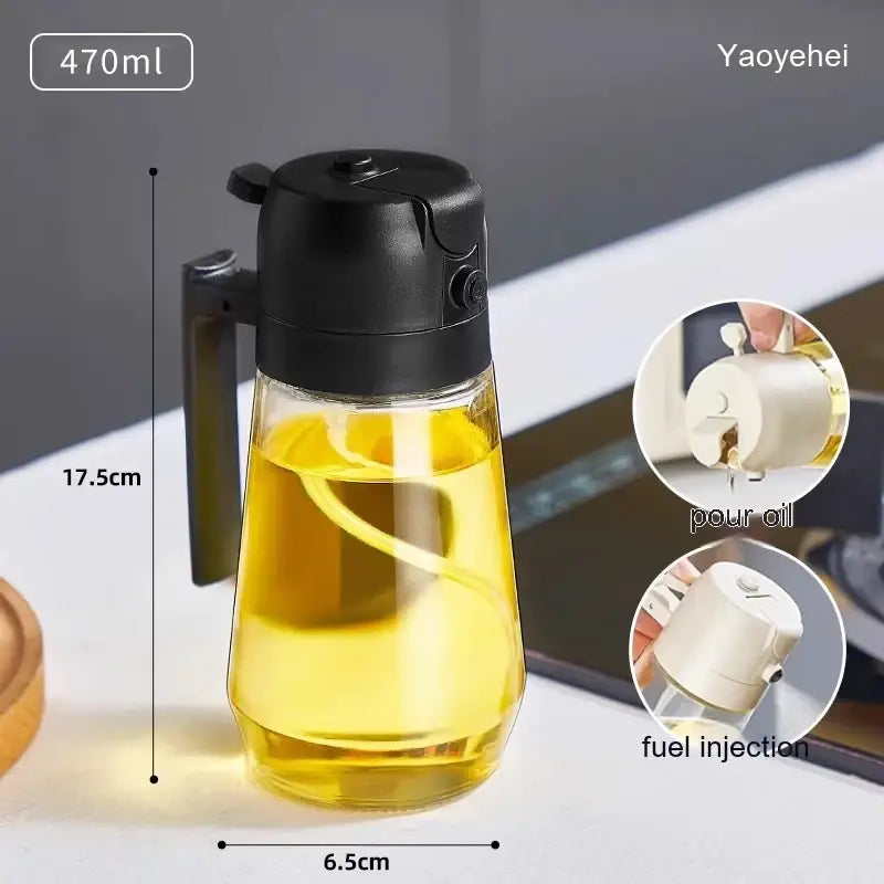 470ml transparent glass oil dispenser with black plastic lid and handle.