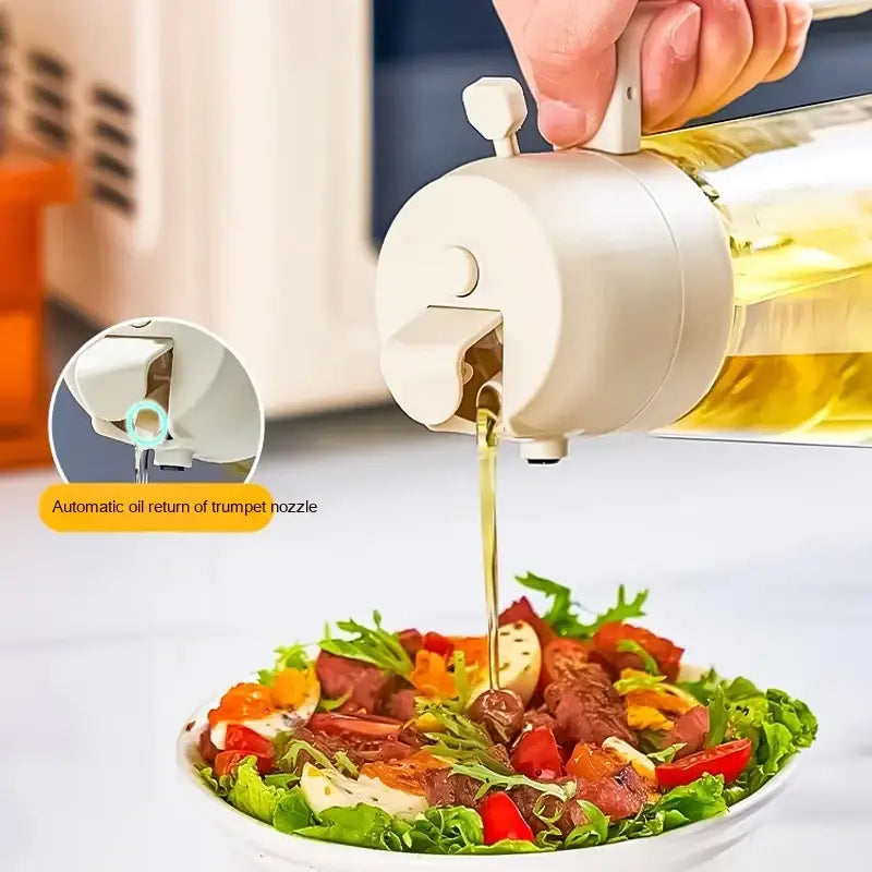Cream-colored plastic oil dispenser with a trumpet nozzle pouring golden olive oil over a salad.