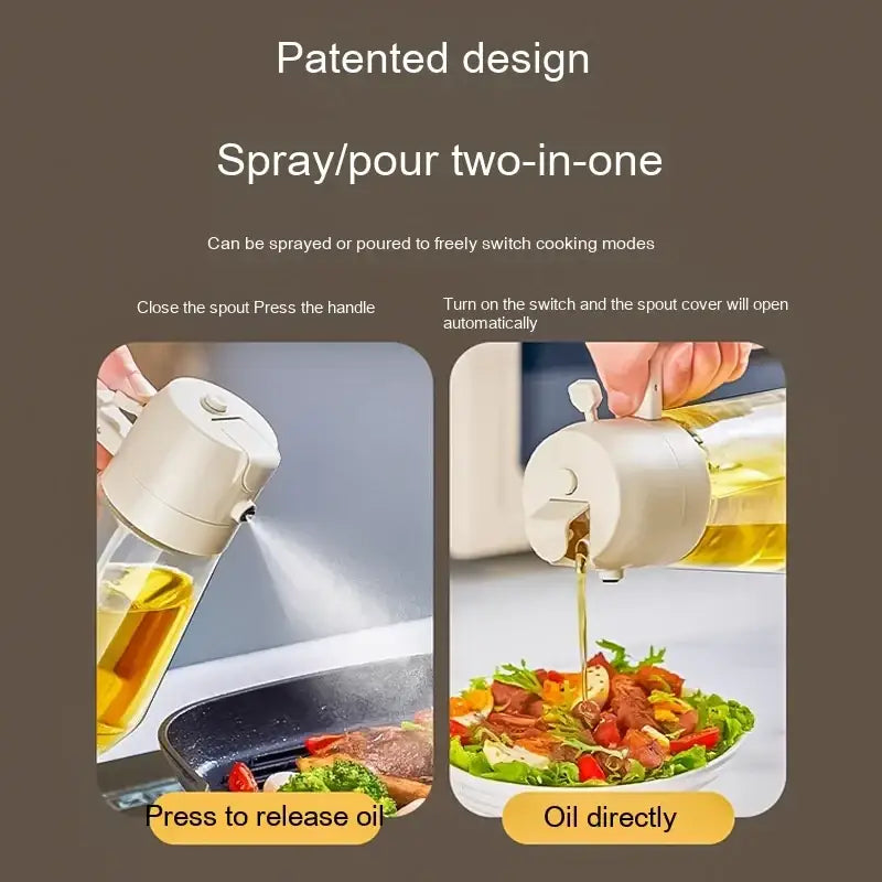 Cream-colored, two-in-one spray/pour oil dispenser with a clear glass body and white plastic handle.
