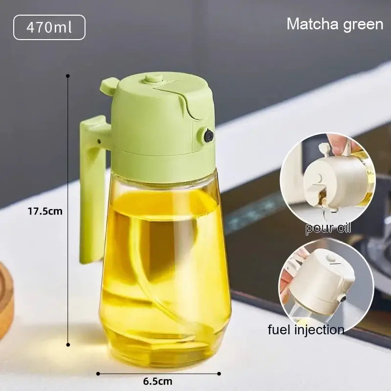 Matcha green 470ml oil dispenser with a clear glass body and plastic handle.