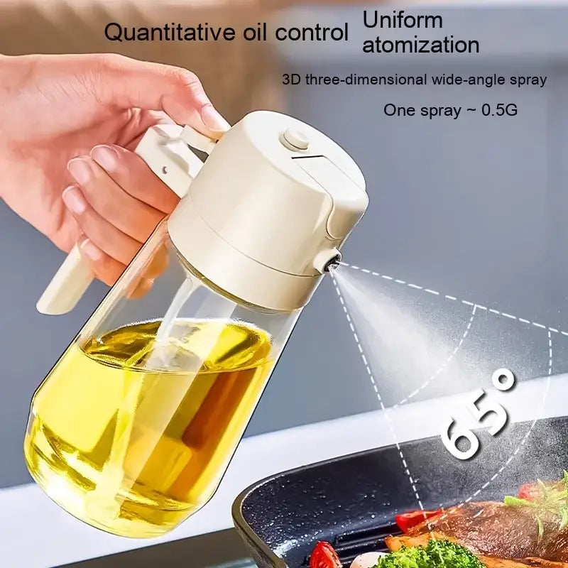 A sleek, transparent glass oil dispenser with a beige plastic pump and handle, designed for precise 3d spray atomization.