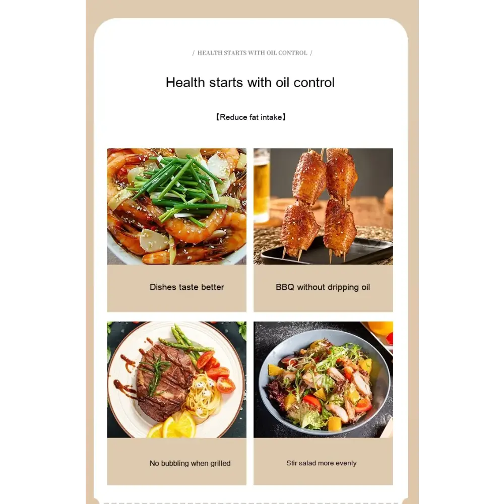 The image displays a promotional graphic for an oil control product, featuring four food images with text overlays that highlight benefits like ’dishes taste better’ and ’bbq without dripping oil.’
