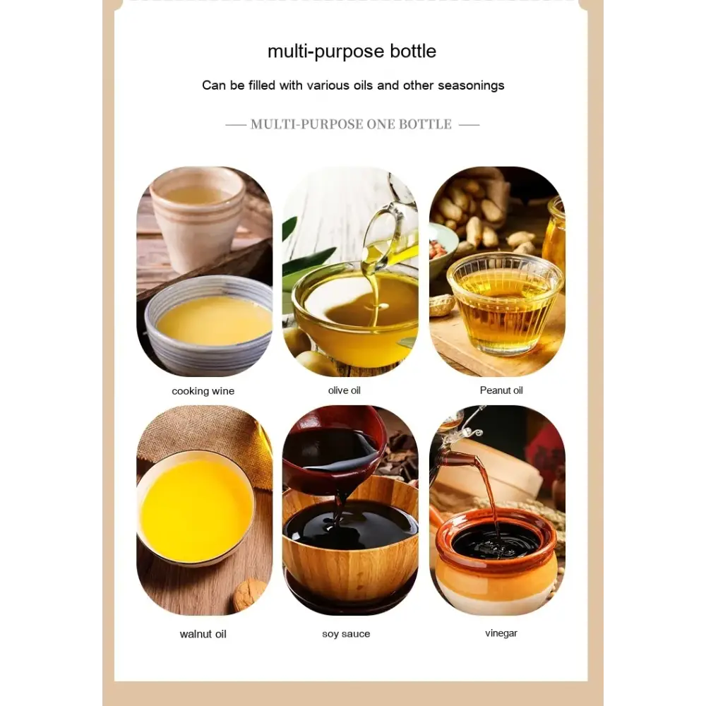 Clear glass multi-purpose bottle with a sleek, modern design suitable for storing various oils and seasonings.
