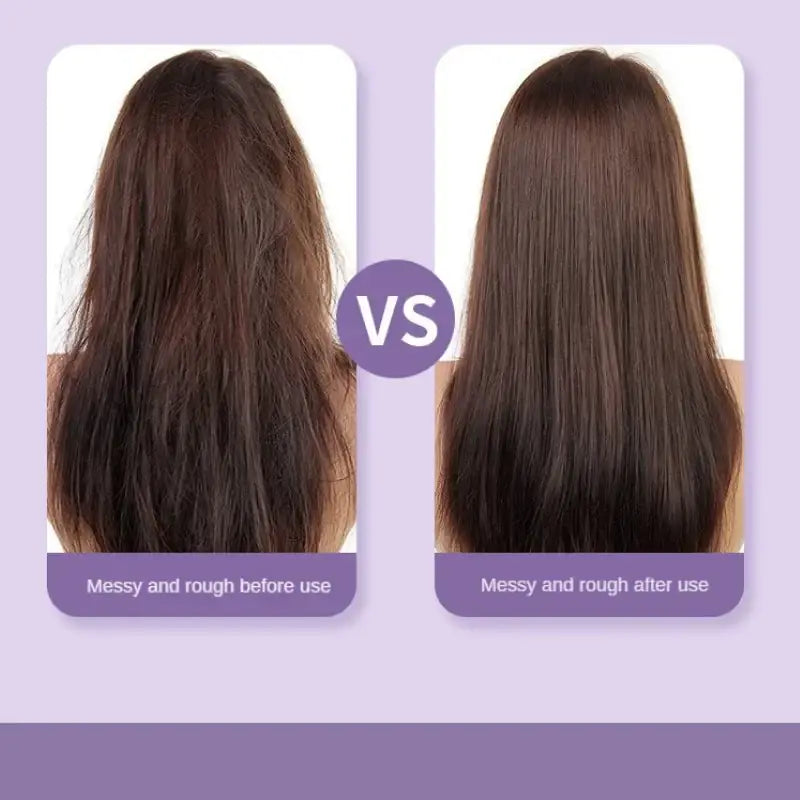 The image displays a before-and-after comparison of hair, showing the transformation from messy and rough dark brown strands to smooth, sleek, and shiny dark brown locks.