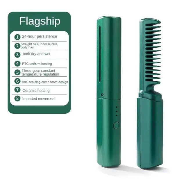 Green ceramic hair straightener comb with a sleek, compact design and three gear settings for versatile styling.