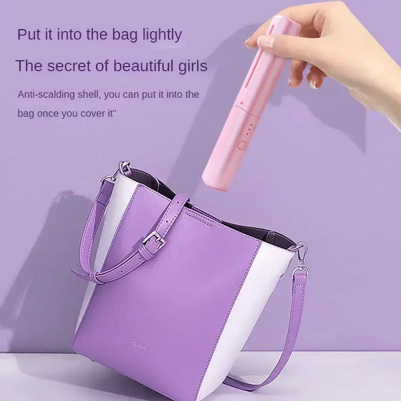 Pink compact hair straightener with a sleek, cylindrical design and subtle control buttons.