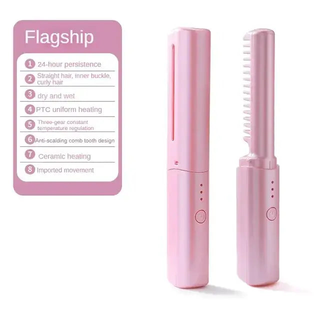 Pink handheld hair styling comb with ceramic heating and ptc uniform temperature regulation.
