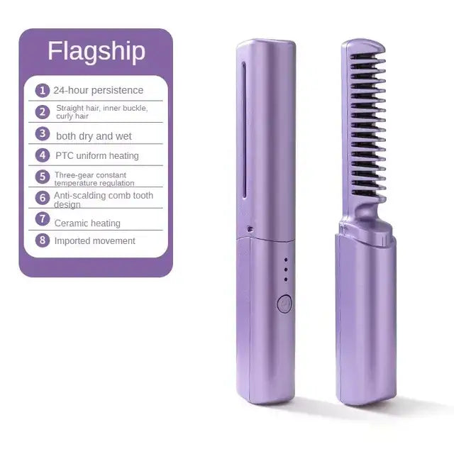 Purple ceramic hair straightening comb with a sleek, compact design and three gear temperature settings.