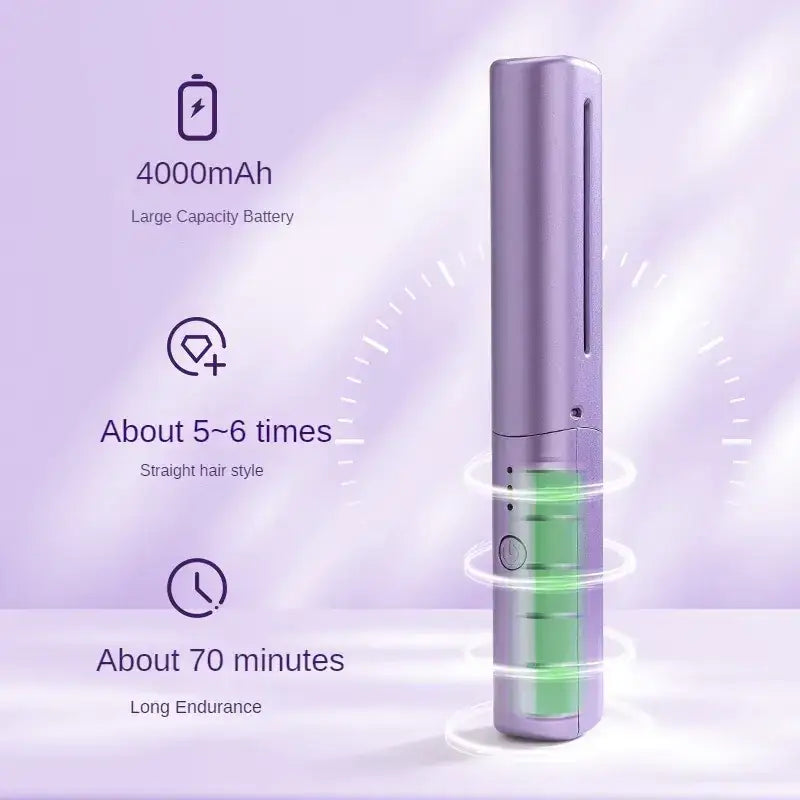 Purple cylindrical hair straightener with a visible green battery indicator and sleek metallic finish.