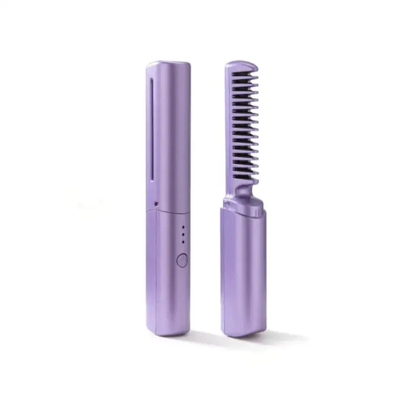 Purple foldable hair straightener comb with a sleek metallic finish and integrated heating elements.