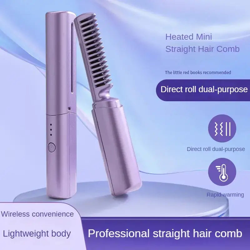 A sleek, lavender-colored heated mini straight hair comb with a metallic finish and dual-purpose design.