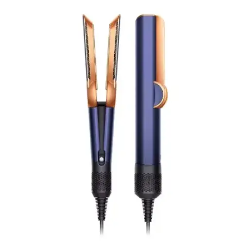 The dyson corrale hair straightener features a sleek navy blue and copper-colored design with textured black grip sections.