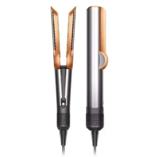 The image shows a sleek, modern hair straightener with rose gold and silver accents.