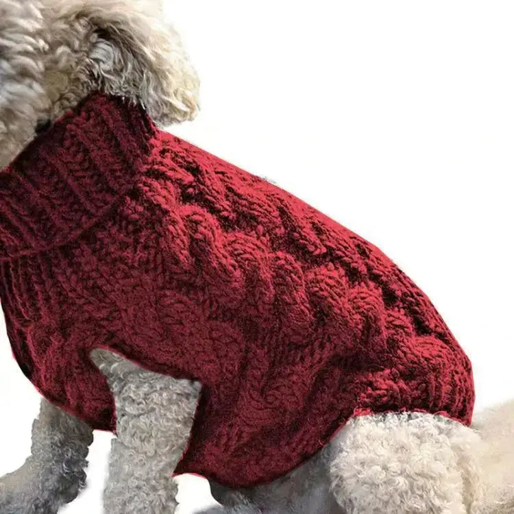 A cozy, deep red cable-knit sweater designed for dogs.