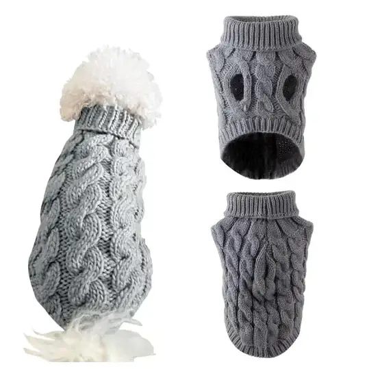 Gray cable-knit dog sweater with white fluffy trim at the neck and hem.