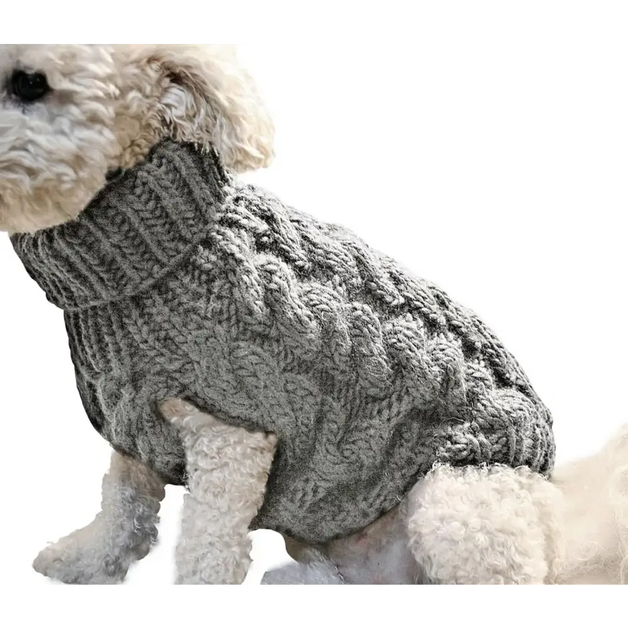 Gray cable-knit sweater for dogs.