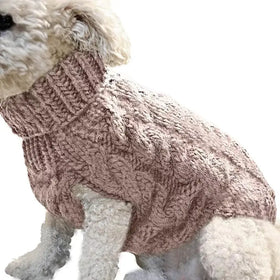 A cozy, dusty rose-colored knitted sweater with a textured cable-knit pattern and ribbed collar.