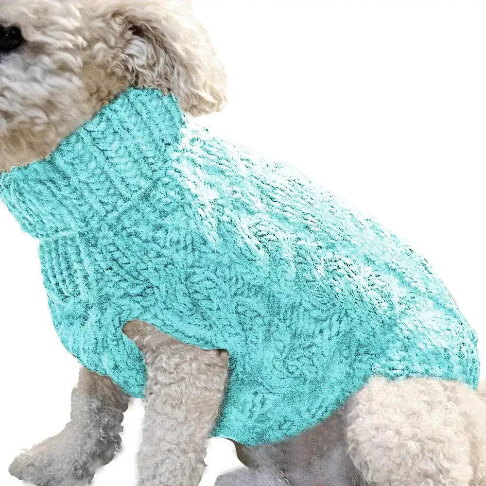 A cozy turquoise knitted sweater with a textured cable-knit pattern, designed for dogs.
