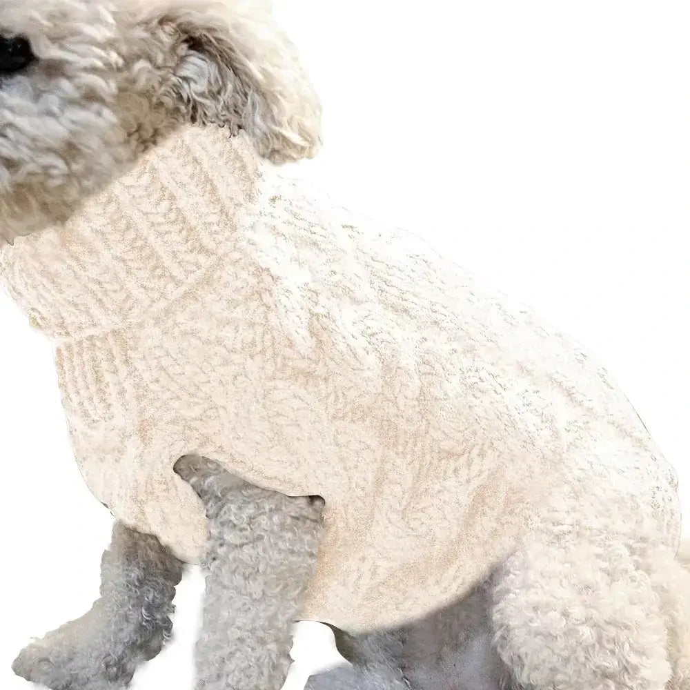 Cream-colored knitted sweater with a textured cable pattern, designed for dogs.