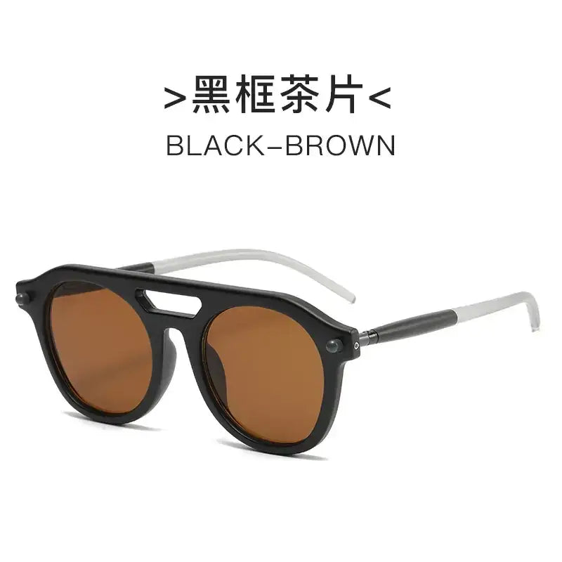 Black-framed sunglasses with brown lenses and white temple tips.
