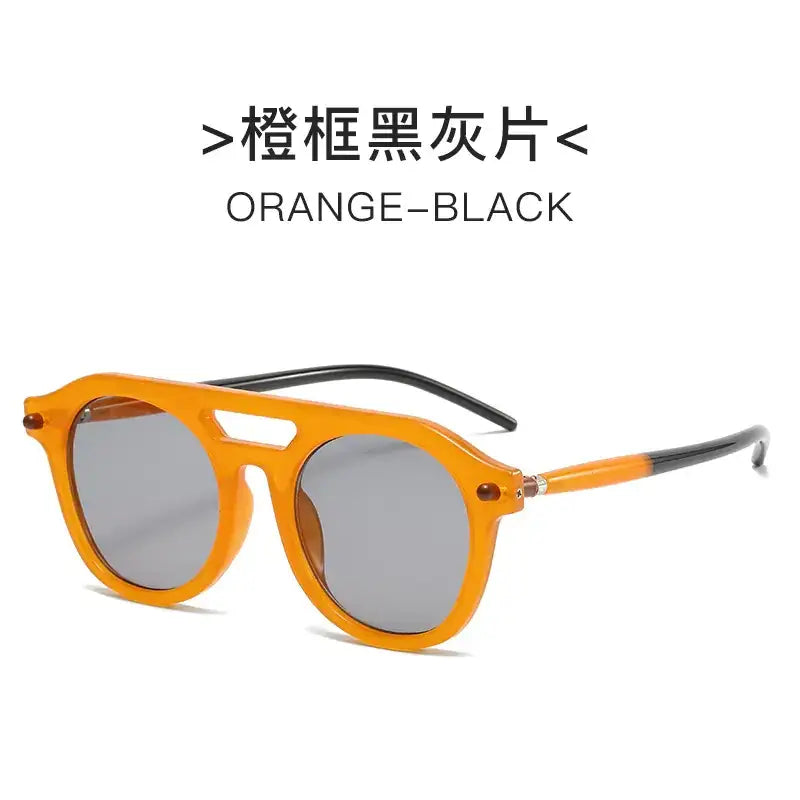 Orange-framed sunglasses with black temple tips and gray-tinted lenses.