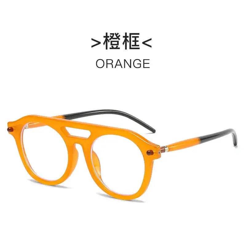 Orange-framed glasses with black temple tips and a modern, rounded design.