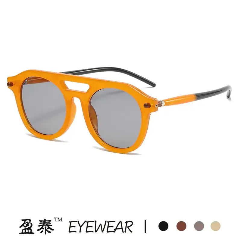 Orange-framed aviator sunglasses with gray lenses and black temple tips.