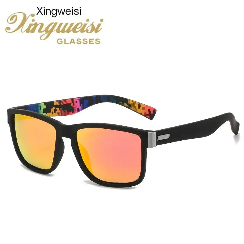 Black-framed sunglasses with vibrant, reflective orange and pink mirrored lenses and colorful pixelated patterns on the temple tips.