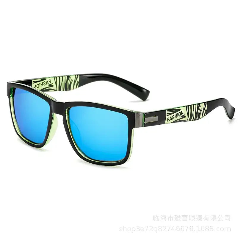 Black-framed sunglasses with vibrant blue mirrored lenses and zebra-striped accents on the temples.