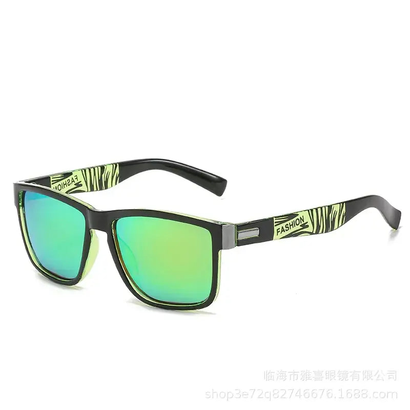 Black-framed sunglasses with vibrant green mirrored lenses and zebra-striped accents on the temples.