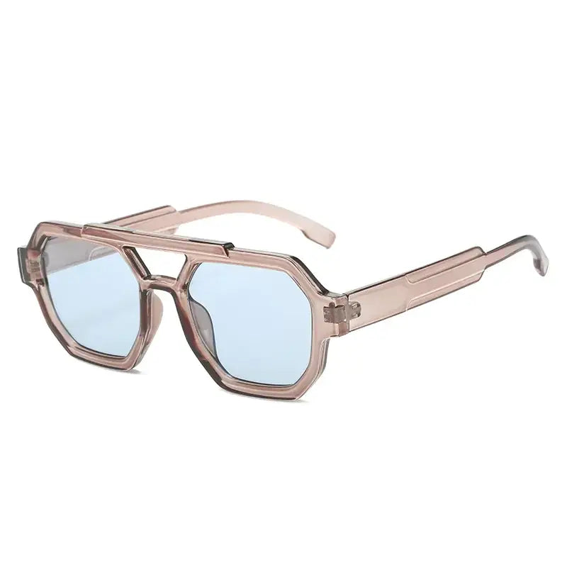 These are stylish, translucent rose gold-framed aviator sunglasses with light blue tinted lenses.